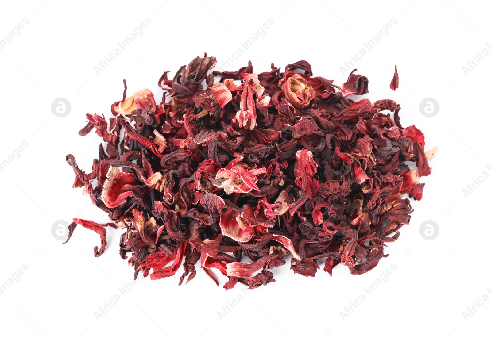 Photo of Pile of dry hibiscus tea isolated on white, top view