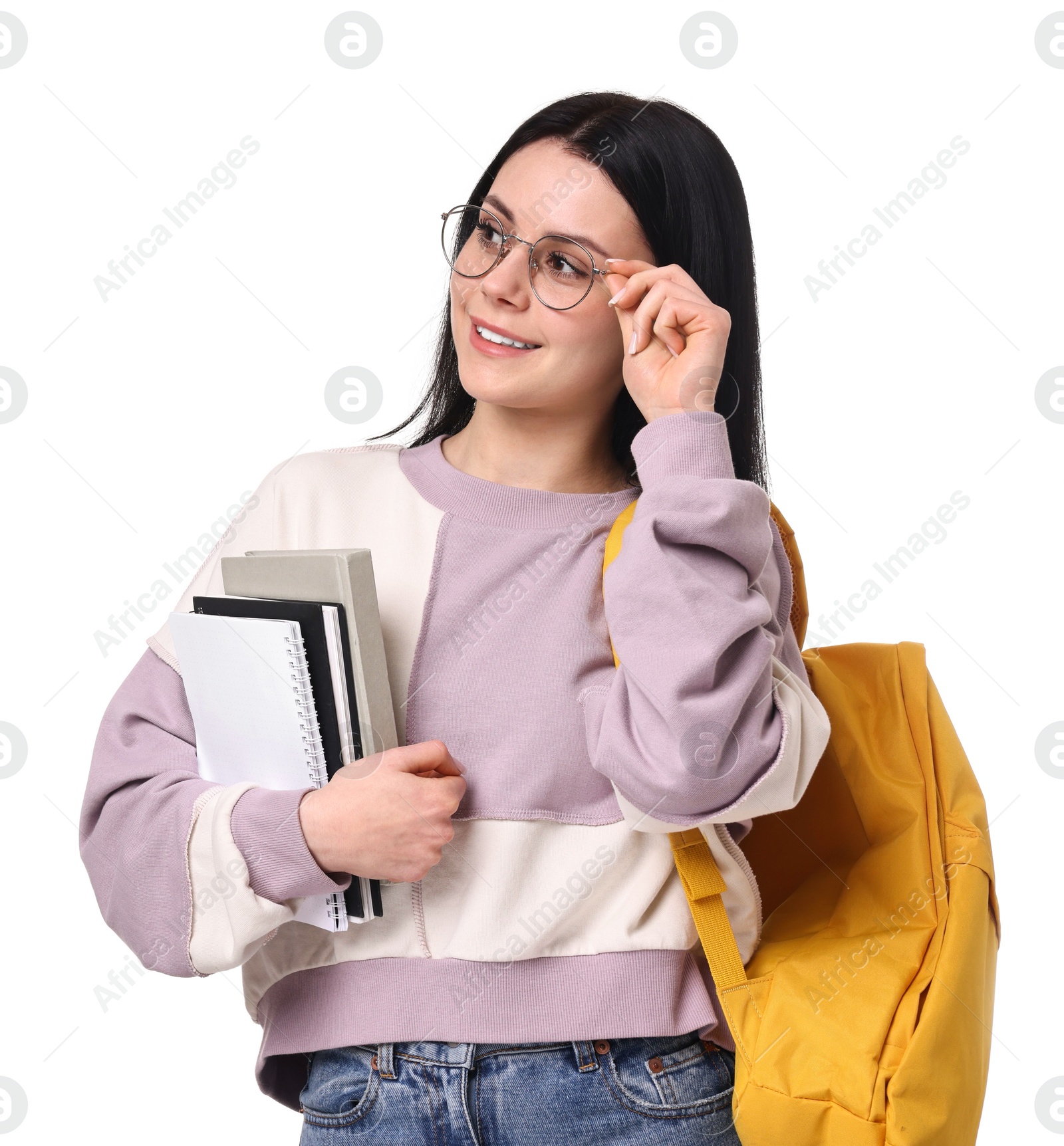 Photo of Smiling student with notebooks and backpack on white background