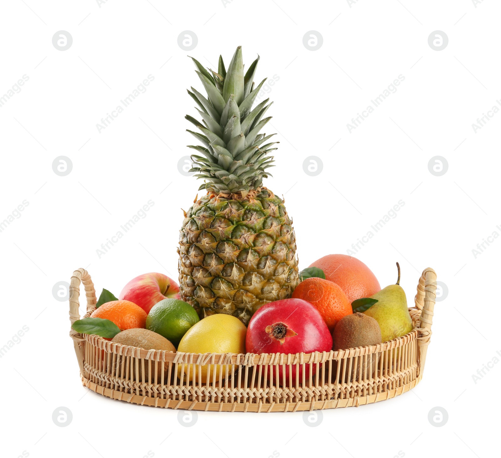 Photo of Fresh ripe fruits in wicker tray on white background