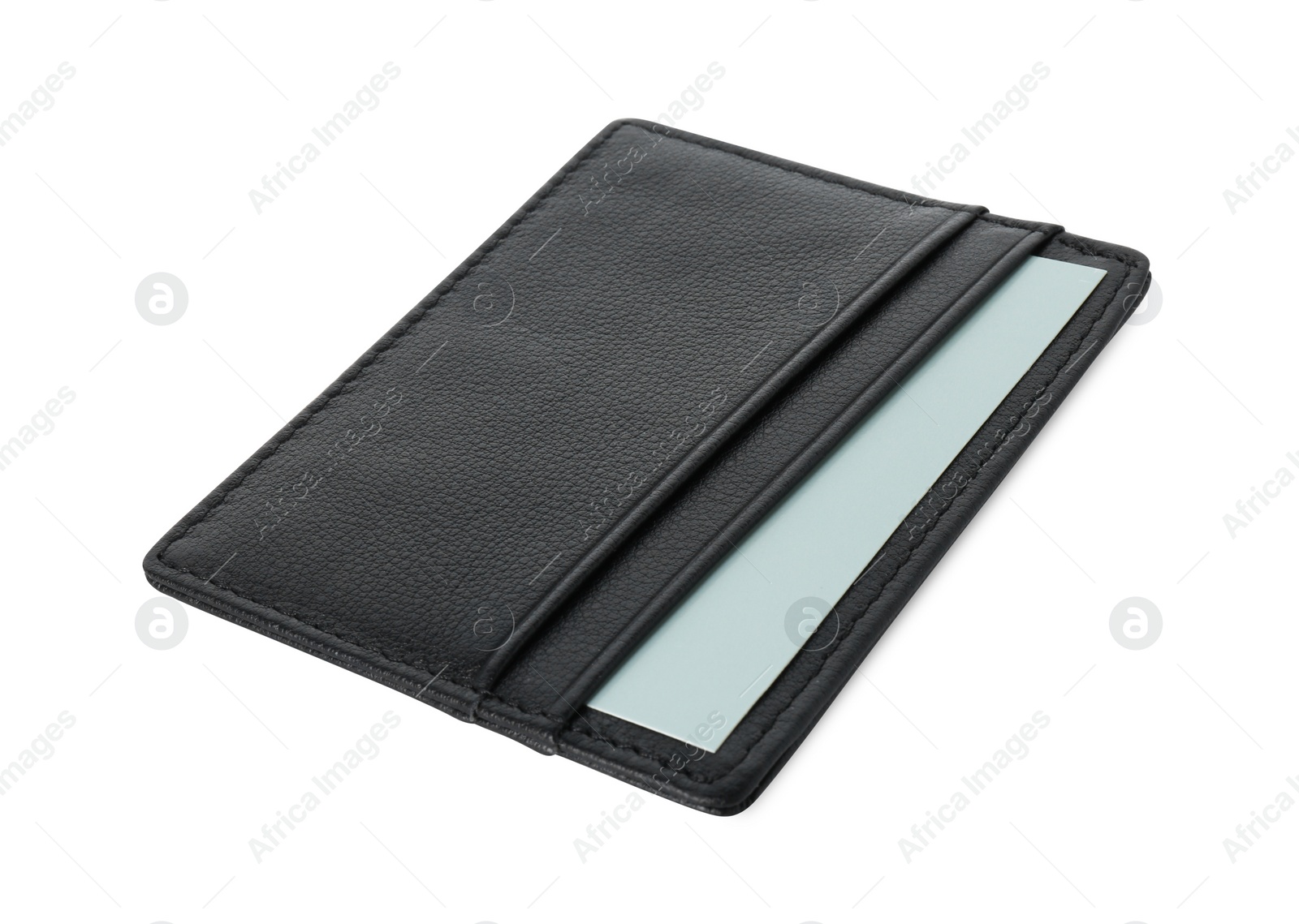 Photo of Black business card holder with card isolated on white