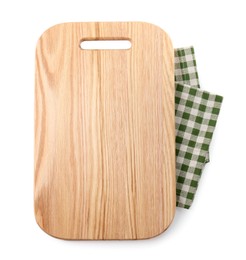 Photo of Wooden cutting board and checkered towel isolated on white, top view