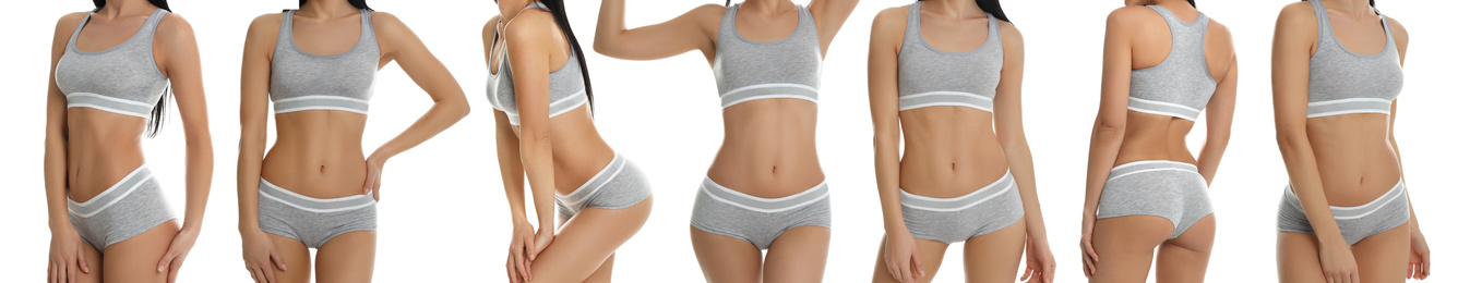 Image of Collage of young woman in grey sportive underwear isolated on white, closeup. Banner design 