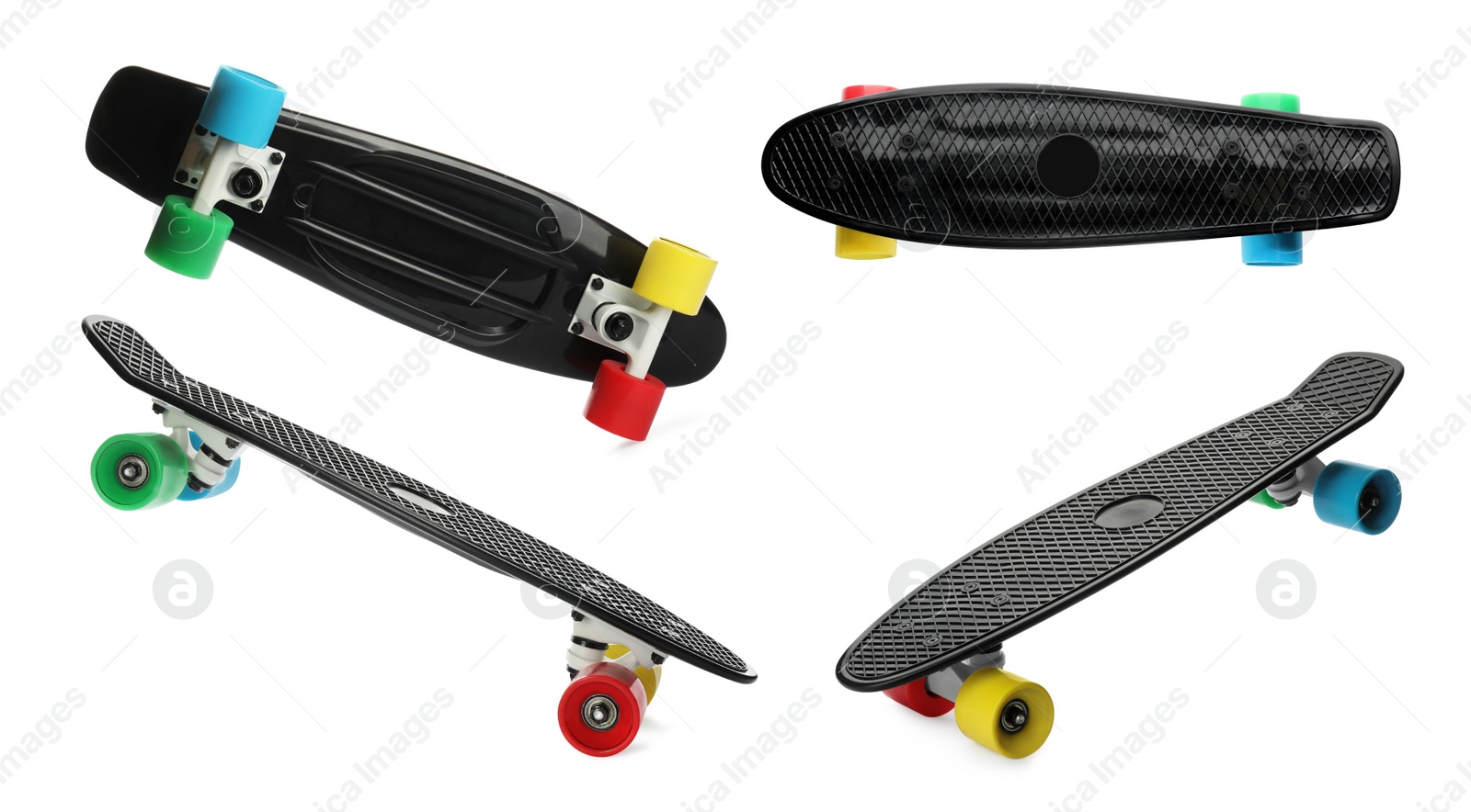 Image of Black skateboards with colorful wheels on white background, collage. Sport equipment