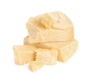 Pieces of delicious parmesan cheese on white background