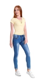 Young woman in stylish jeans on white background