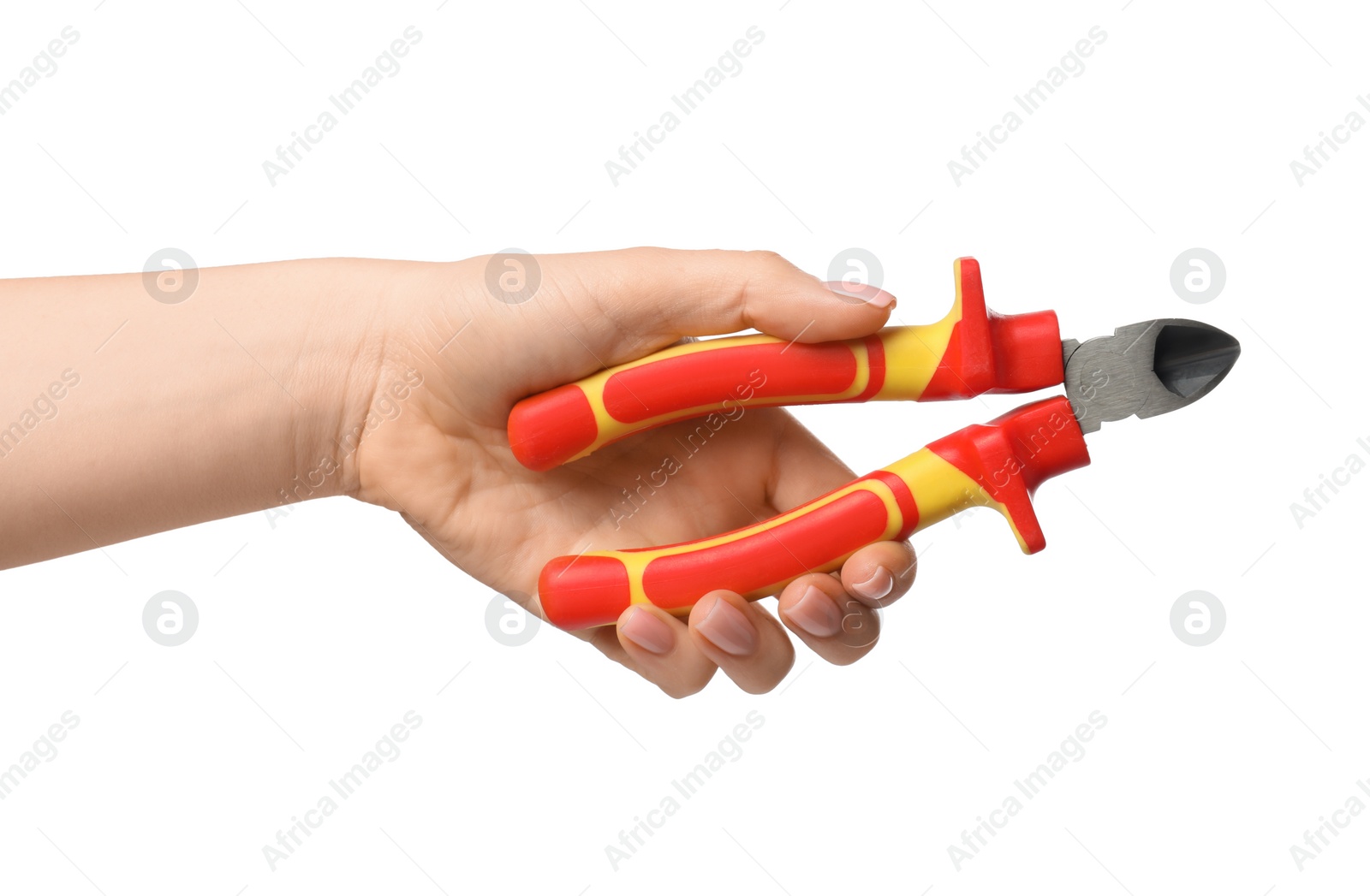 Photo of Woman with diagonal pliers on white background, closeup