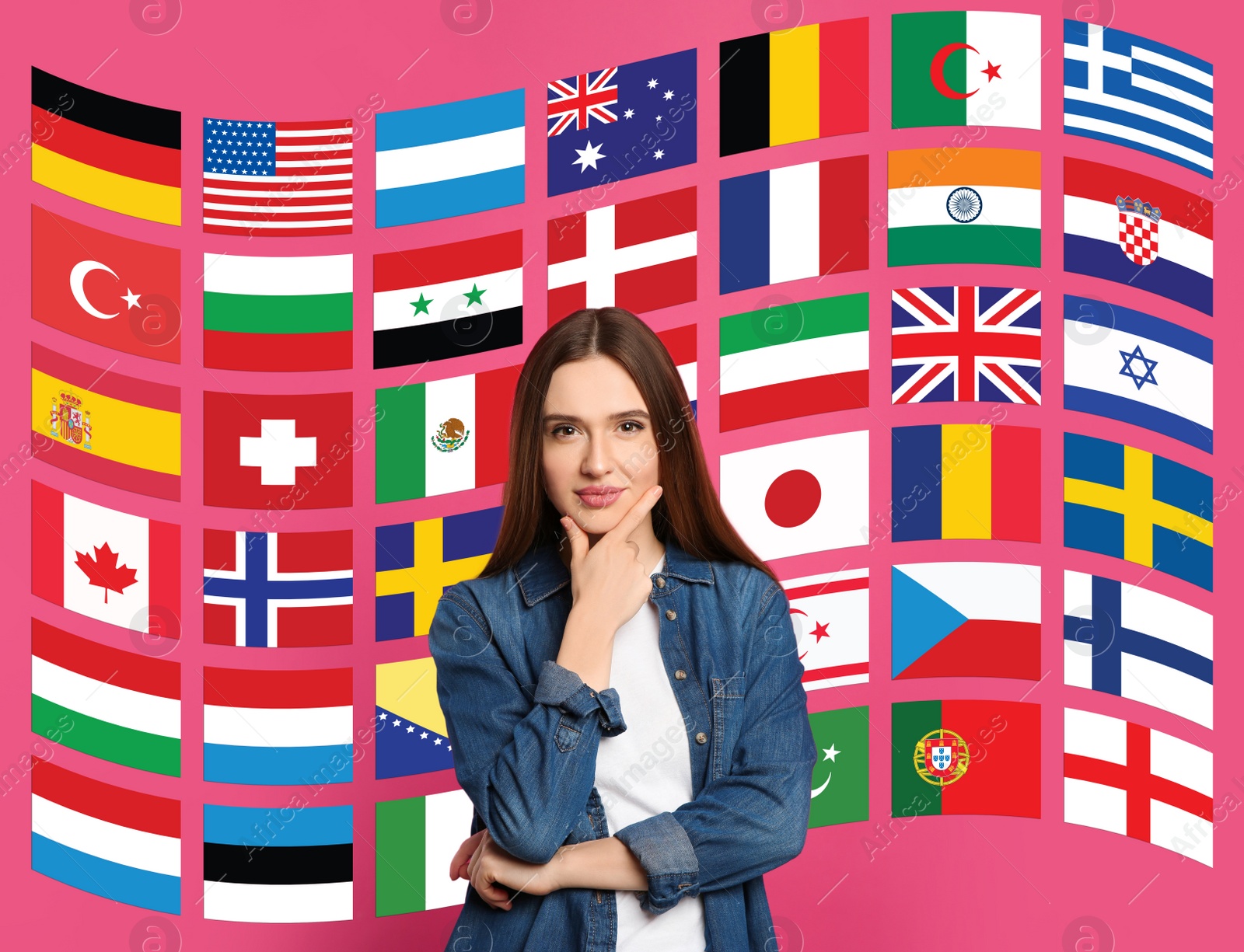 Image of Portrait of interpreter and flags of different countries on pink background