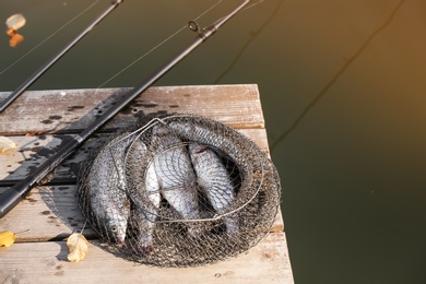 Fishing rods and fresh fish on wooden pier near pond