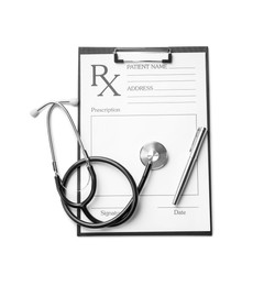 Photo of Clipboard with medical prescription form, pen and stethoscope on white background, top view