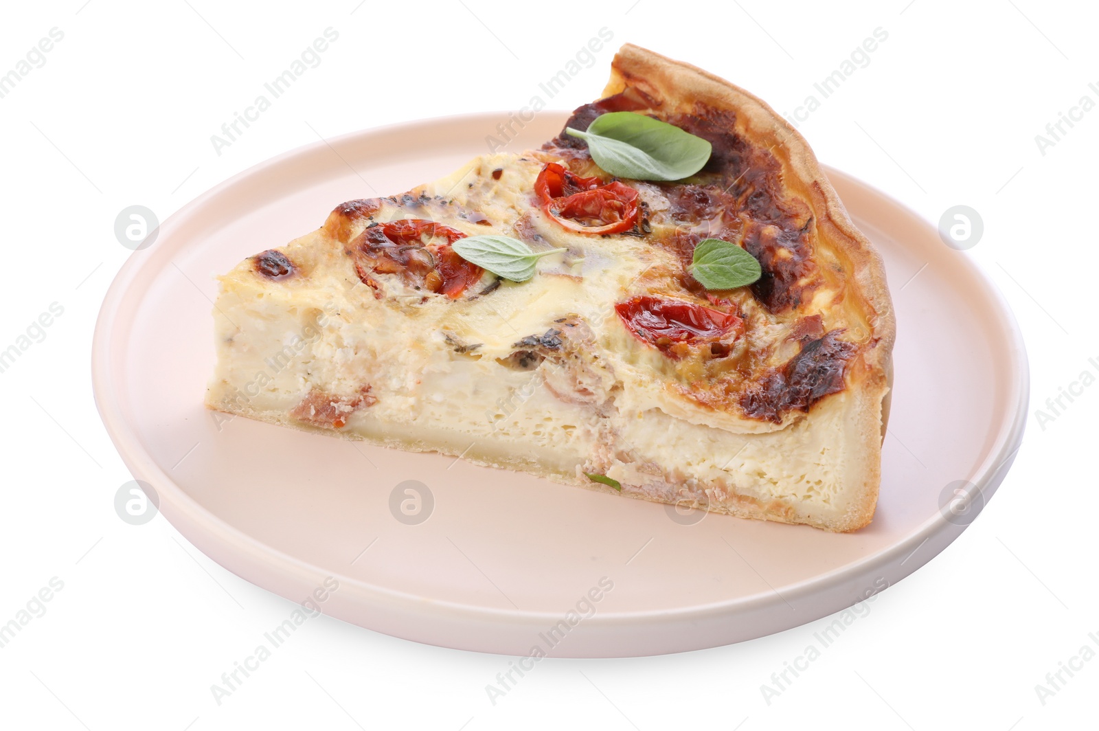 Photo of Piece of delicious homemade quiche with prosciutto isolated on white