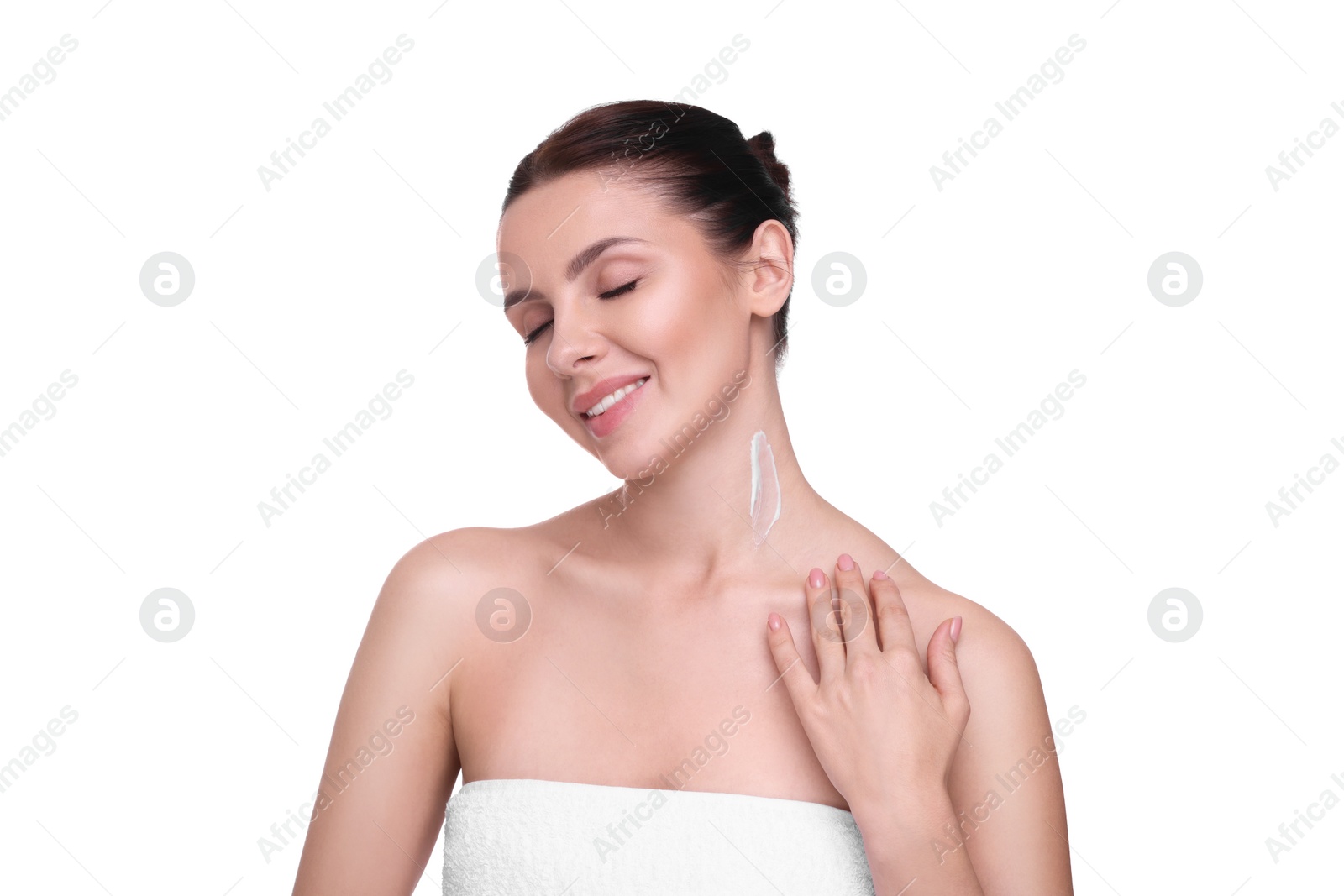 Photo of Beautiful woman with smear of body cream on her neck against white background