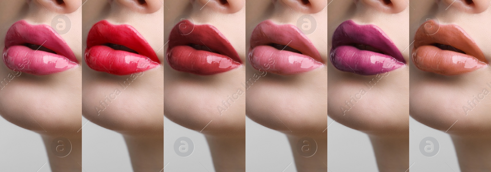 Image of Collage with photos of young woman with different glossy lipsticks, closeup. Banner design