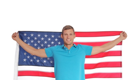 Photo of Portrait of man holding USA flag on white background