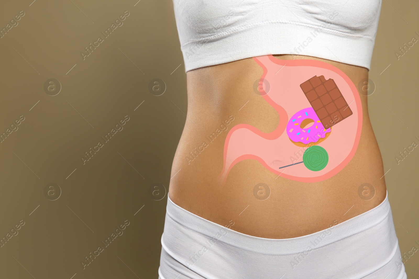 Image of Woman with image of stomach full of junk food drawn on her belly against beige background, closeup. Unhealthy eating habits