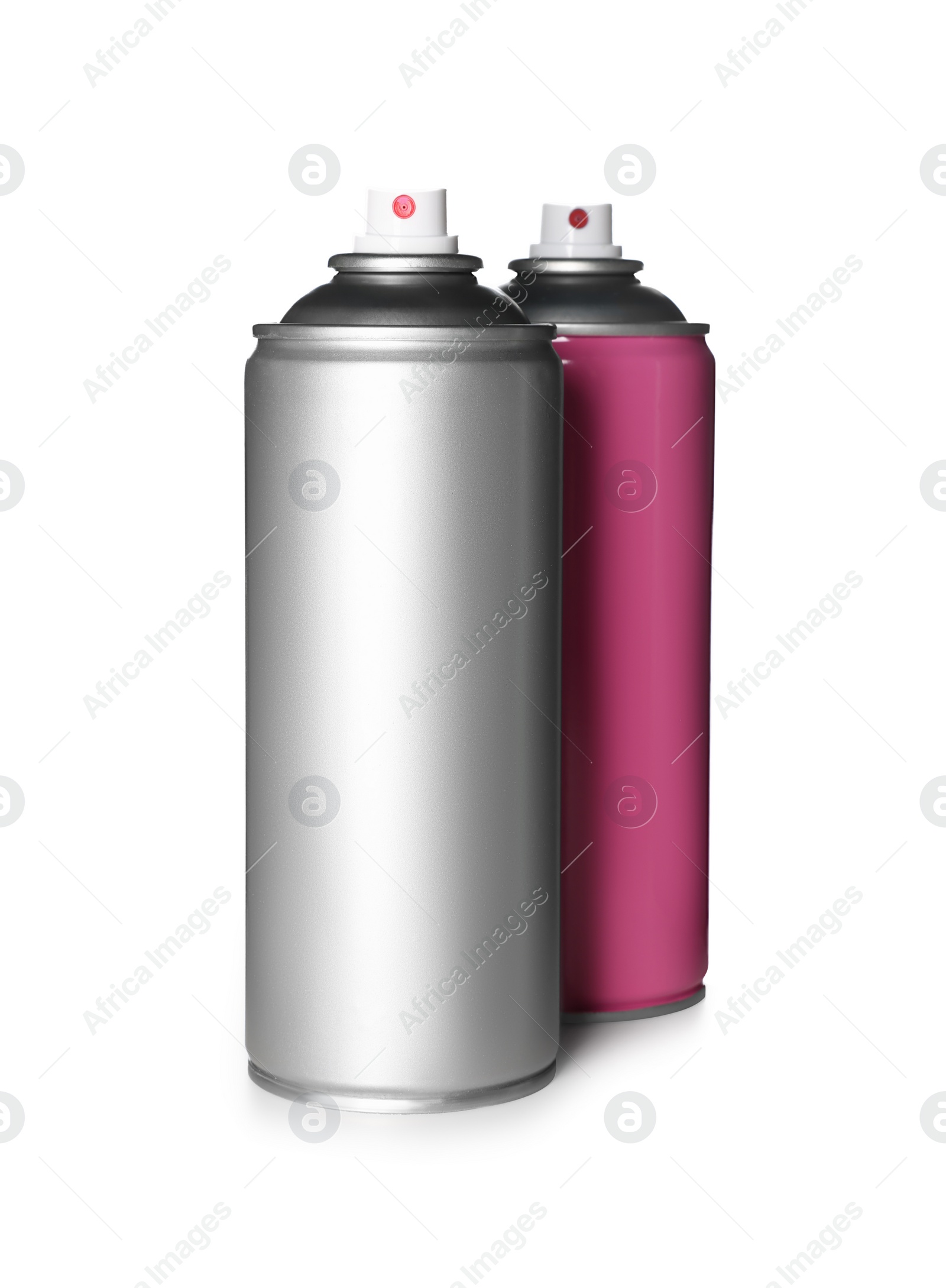 Photo of Colorful cans of spray paints on white background