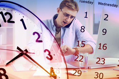 Image of Deadline management. Multiple exposure of busy man working in office, calendar and clock