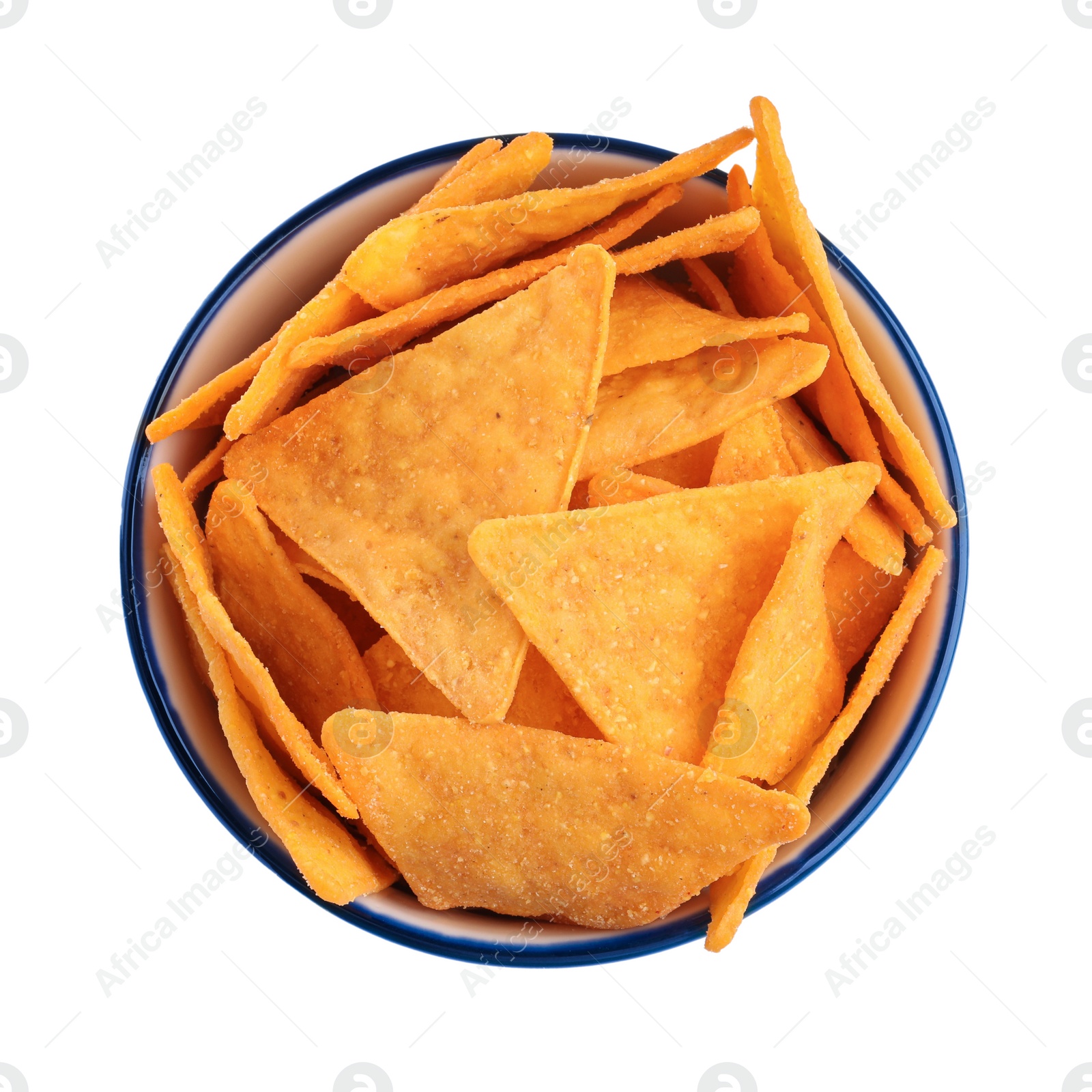 Photo of Bowl of tasty tortilla chips (nachos) on white background, top view