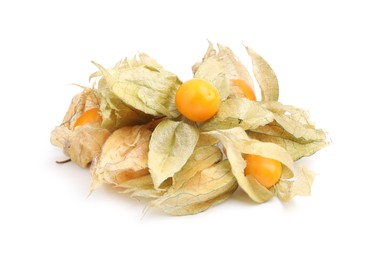 Photo of Many ripe physalis fruits with calyxes isolated on white