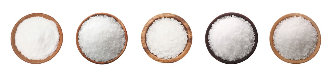 Image of Set of natural salt in bowls isolated on white, top view