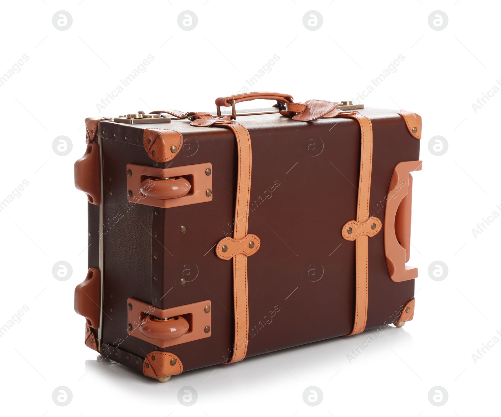 Photo of Fashionable brown suitcase on white background