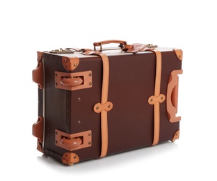 Photo of Fashionable brown suitcase on white background