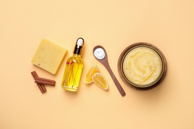Flat lay composition with body scrub on yellow background