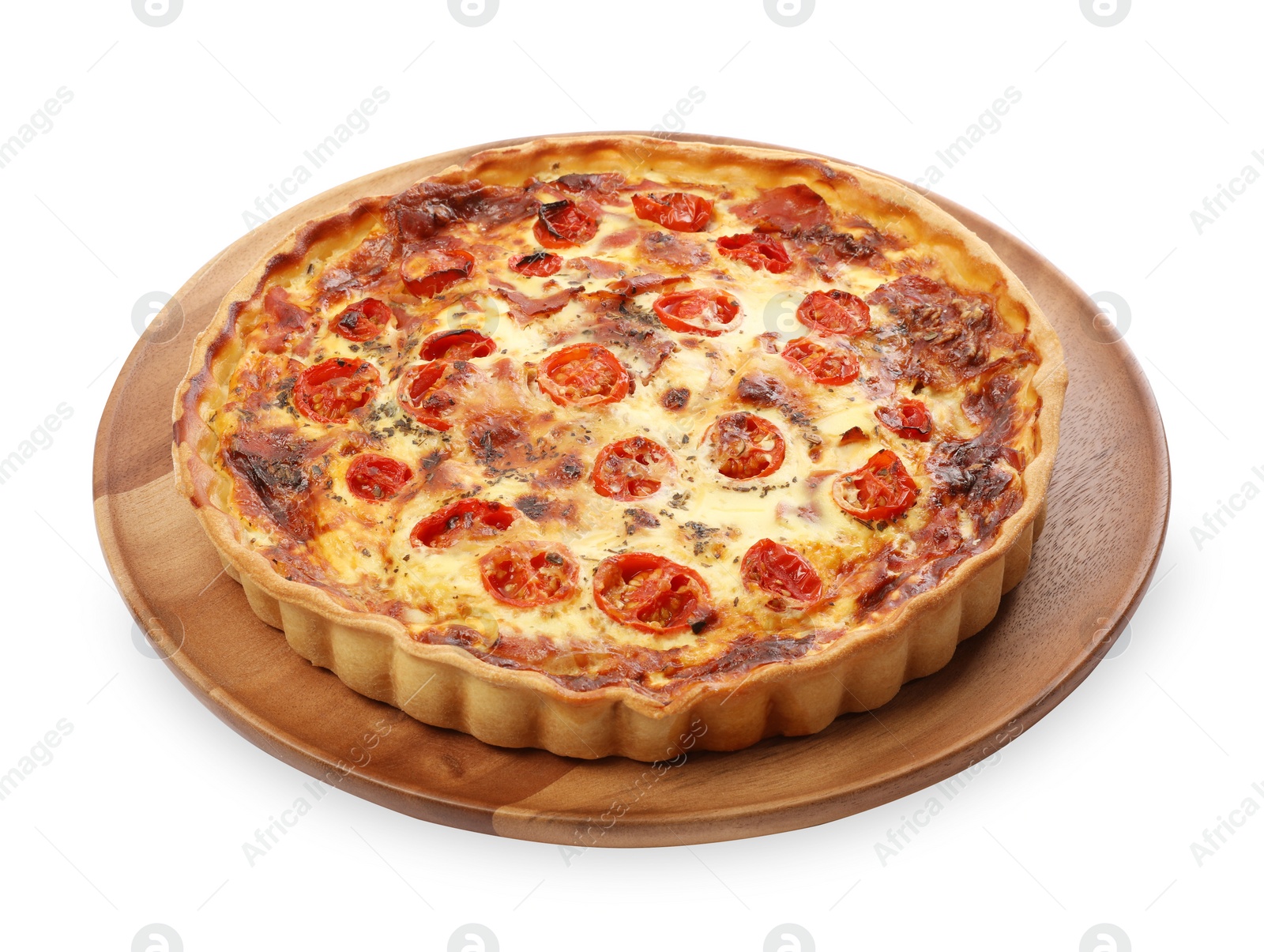 Photo of Delicious homemade quiche with prosciutto and tomatoes isolated on white