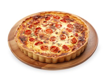 Photo of Delicious homemade quiche with prosciutto and tomatoes isolated on white