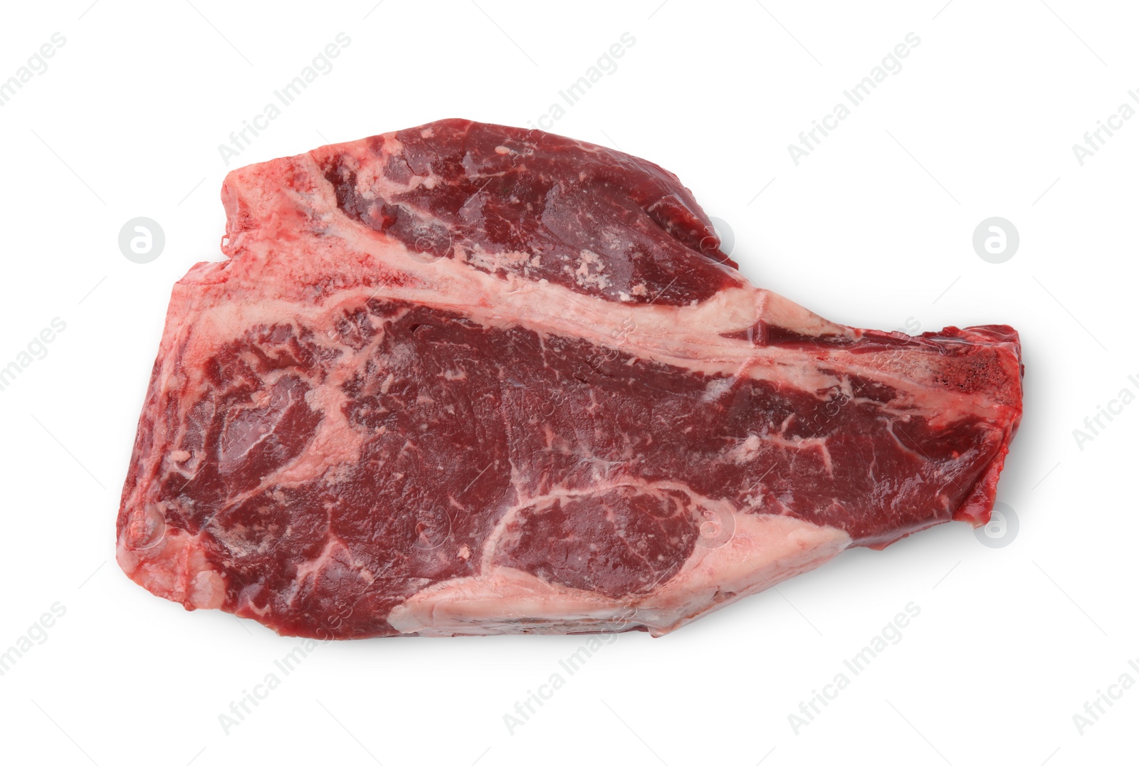 Photo of Piece of fresh beef meat isolated on white, top view