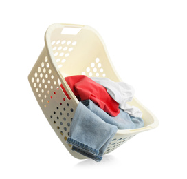 Laundry basket with clothes isolated on white