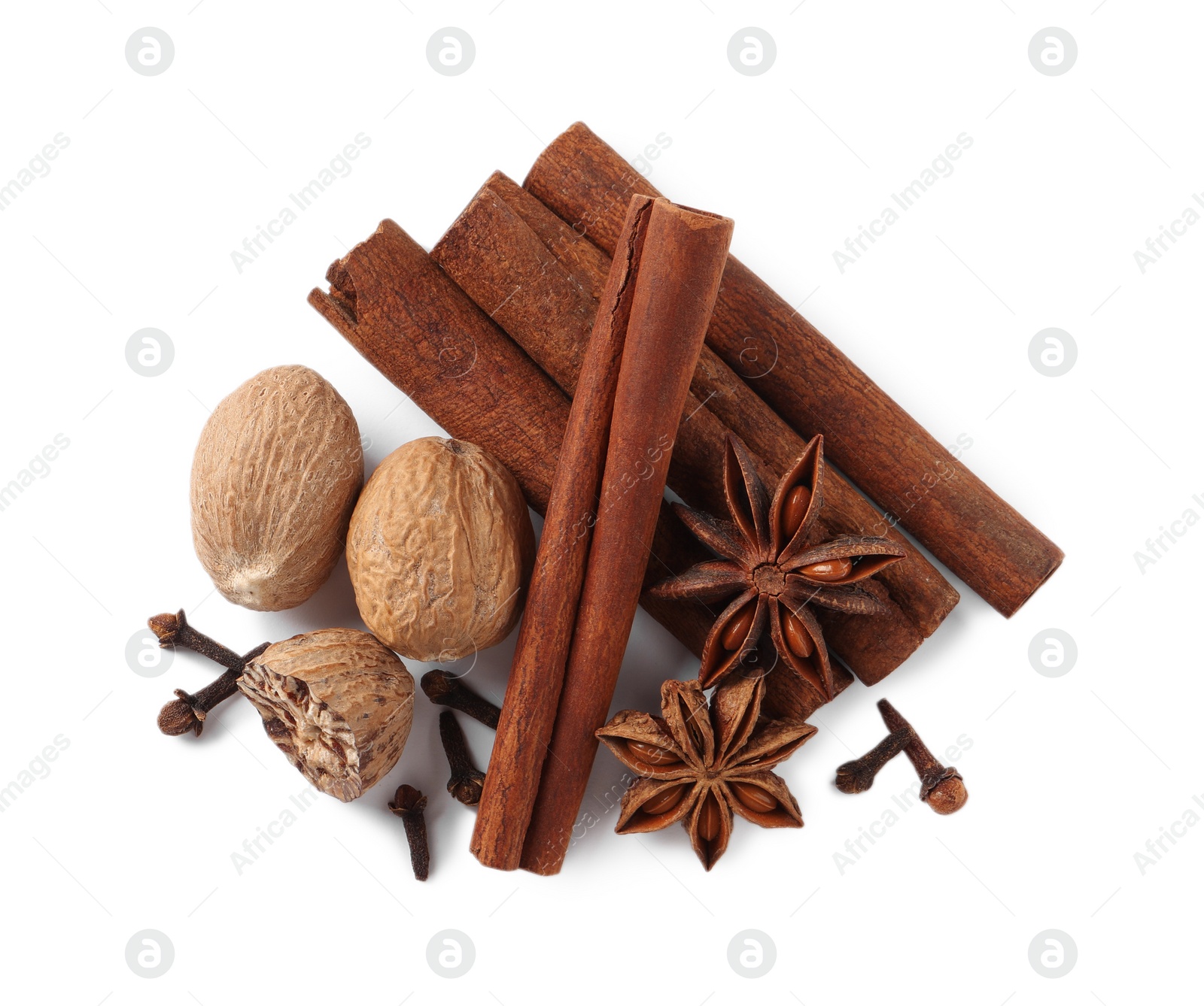 Photo of Different spices on white background, top view