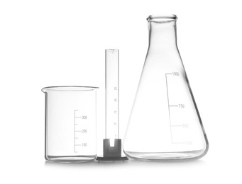 Photo of Empty chemistry laboratory glassware isolated on white