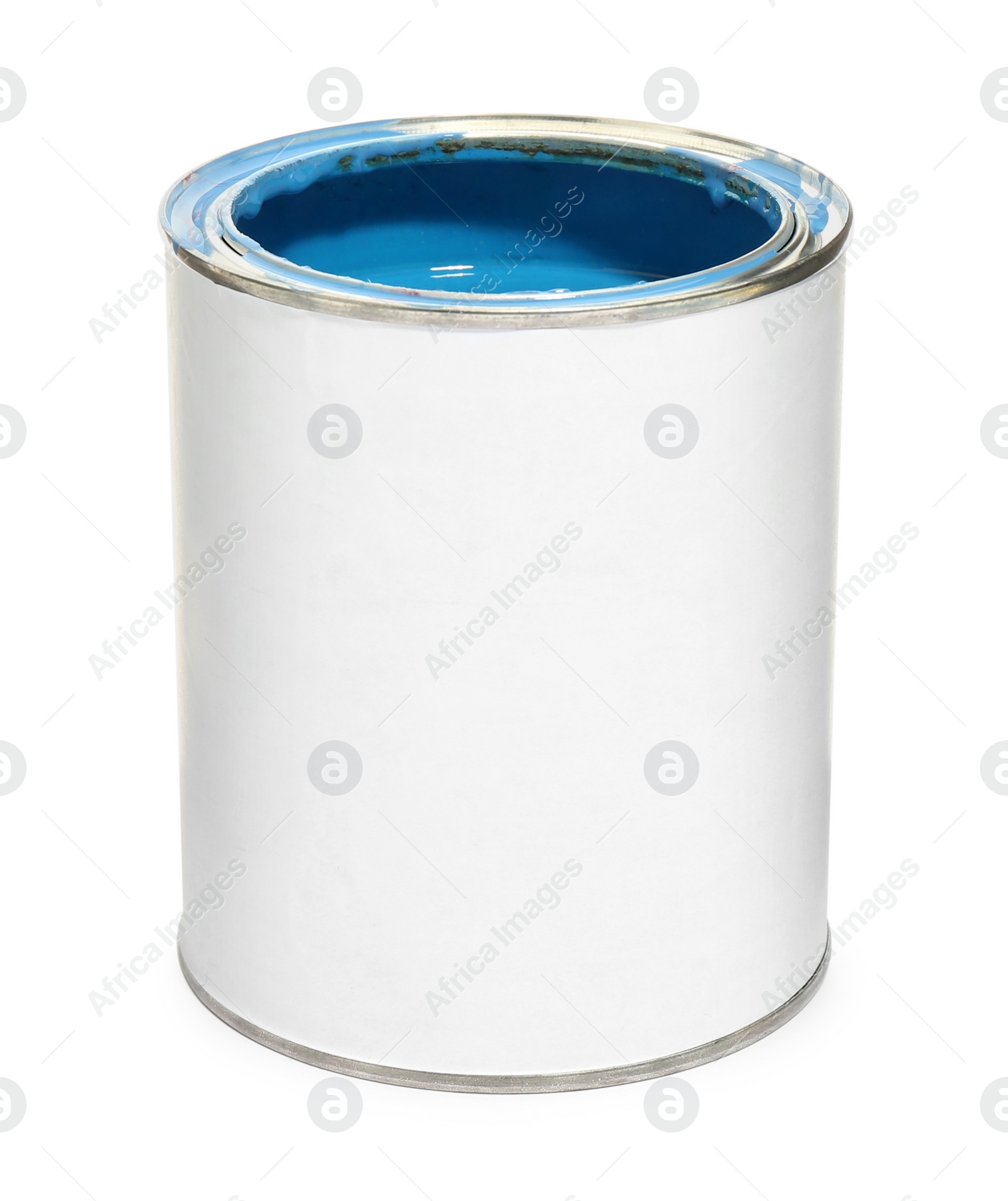 Photo of Can of blue paint on white background