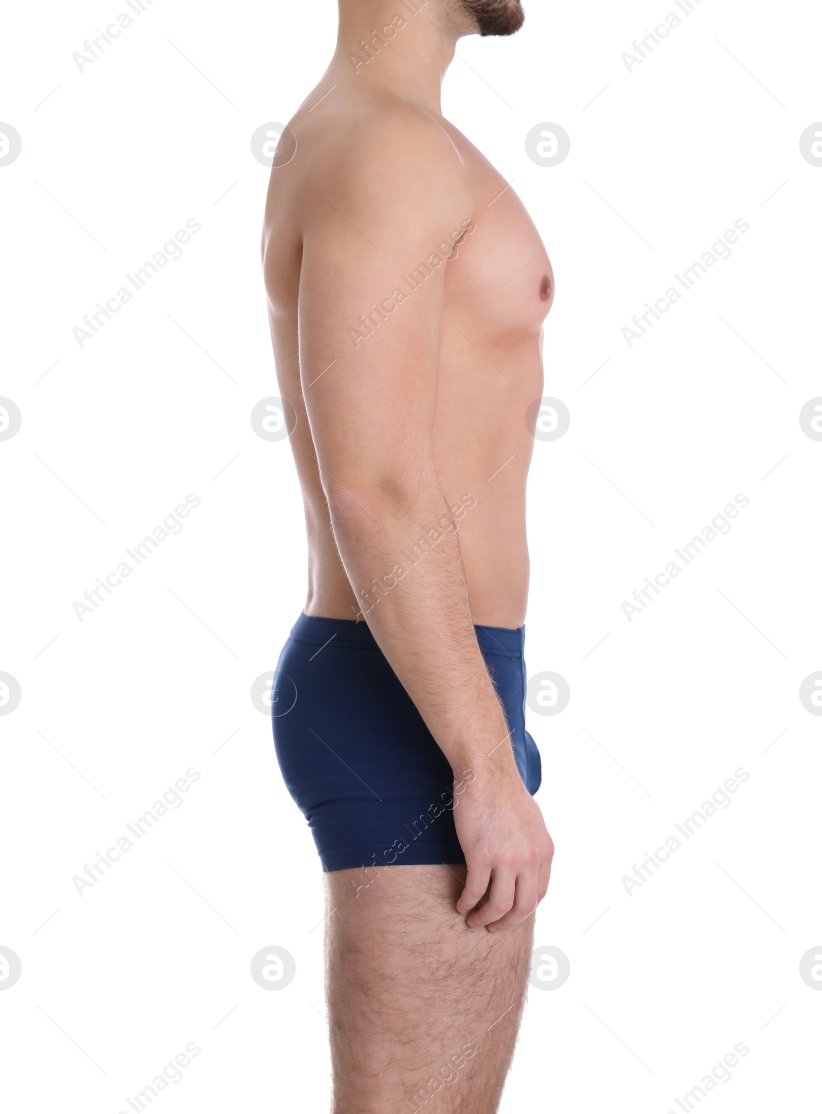 Photo of Young man on white background, closeup. Weight loss