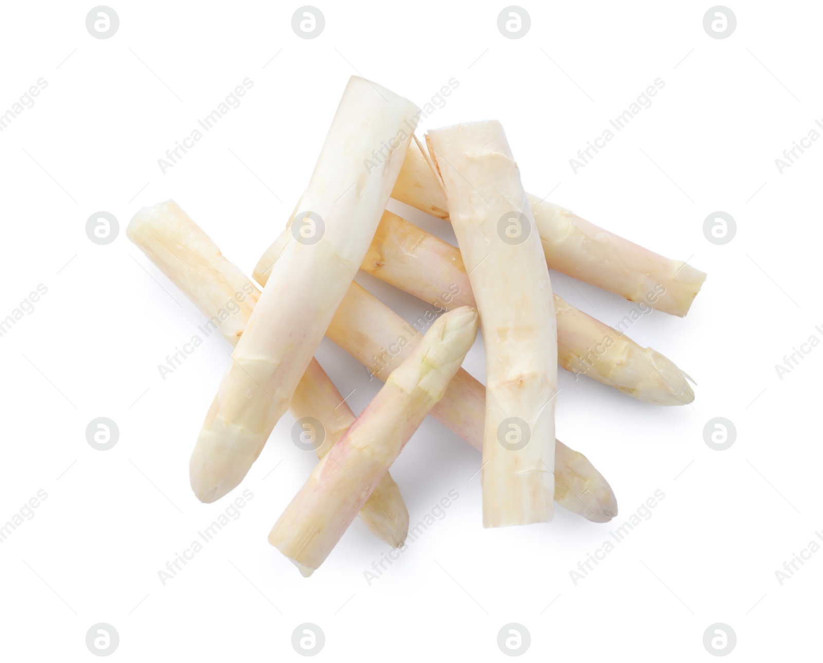 Photo of Pile of fresh raw asparagus isolated on white, top view