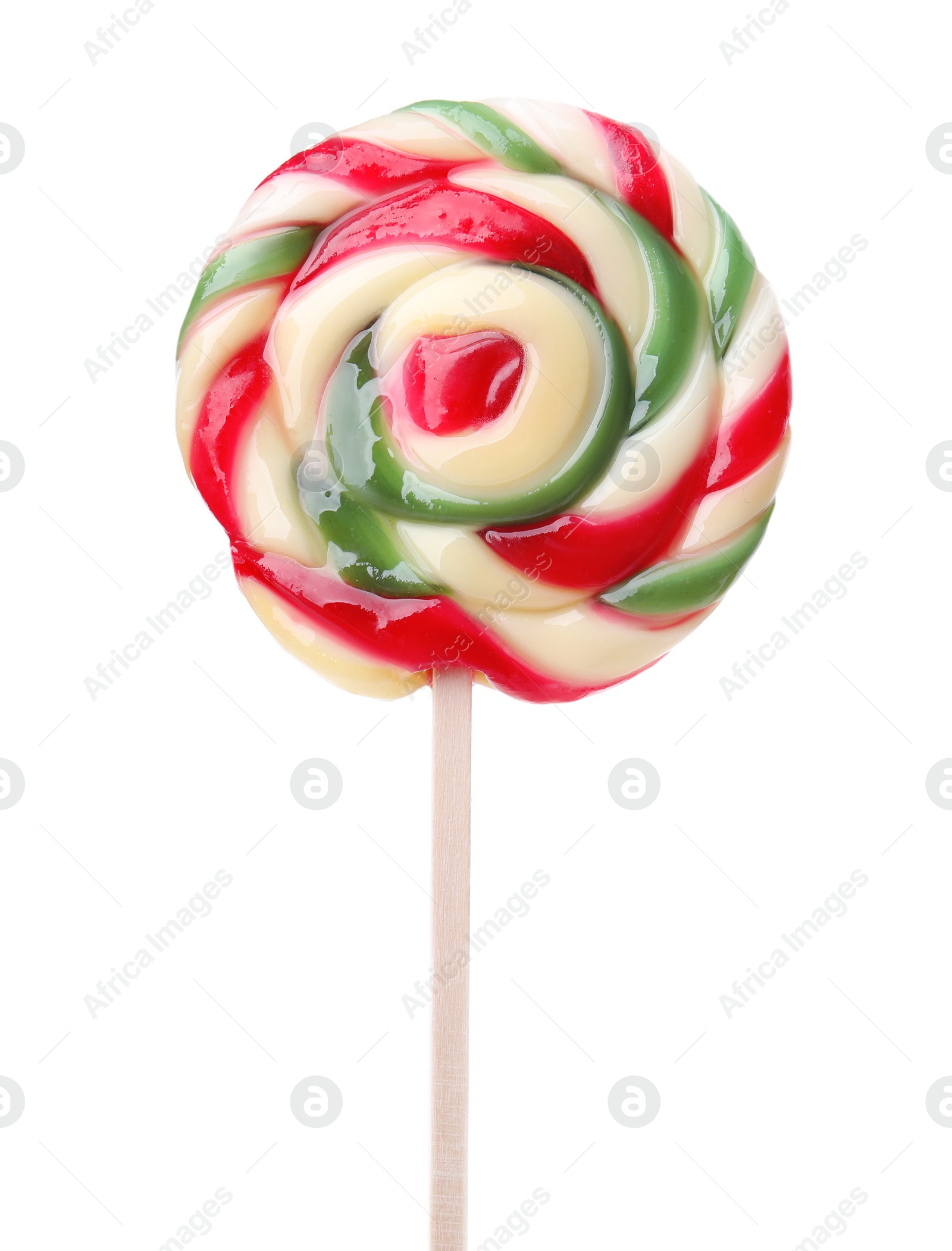 Photo of Stick with colorful lollipop swirl isolated on white