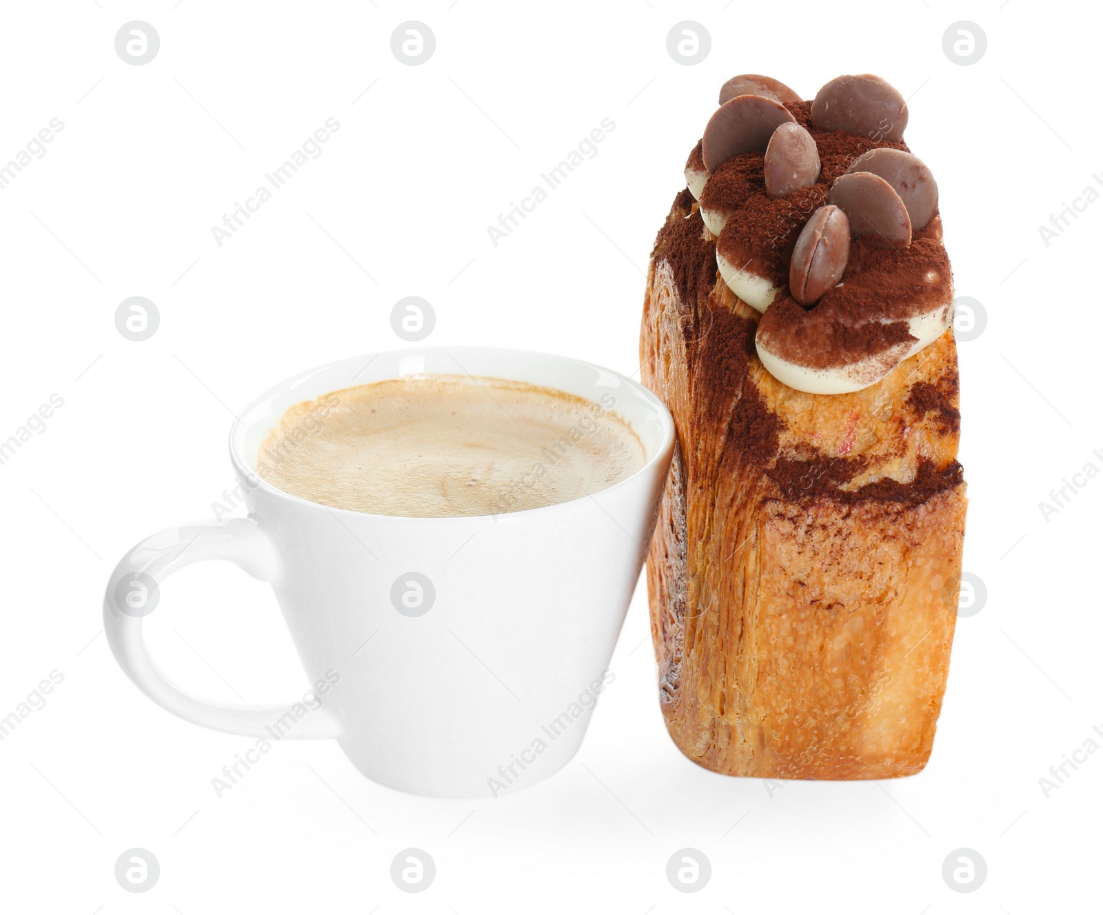 Photo of Round croissant with chocolate chips and cup of coffee isolated on white. Tasty puff pastry