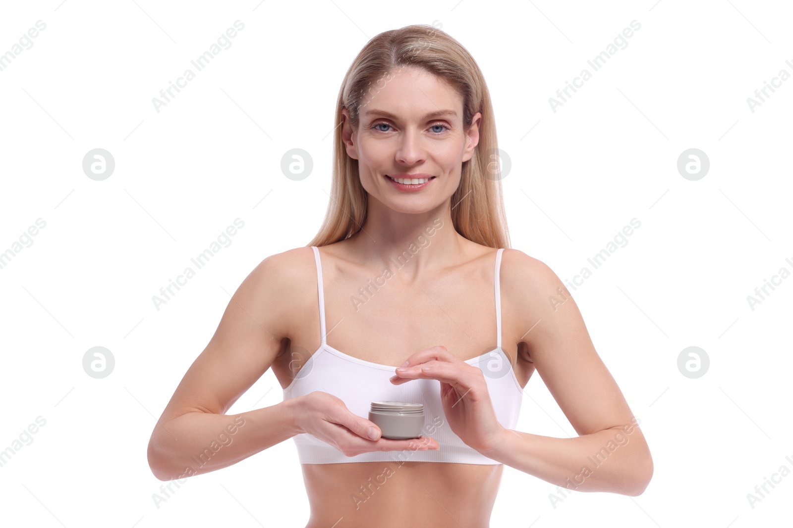 Photo of Woman with jar of body cream on white background