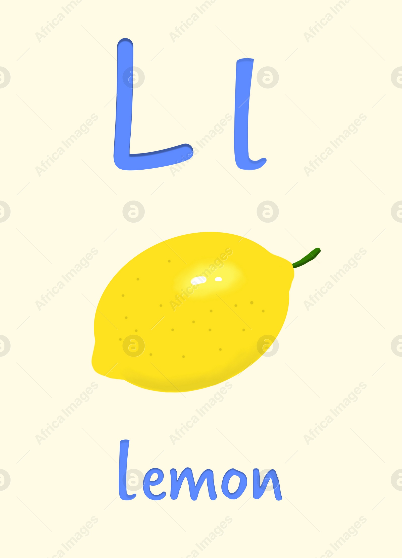 Illustration of Learning English alphabet. Card with letter L and lemon, illustration