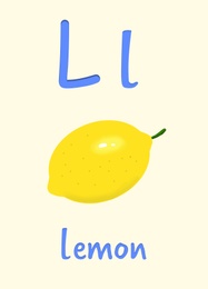 Learning English alphabet. Card with letter L and lemon, illustration