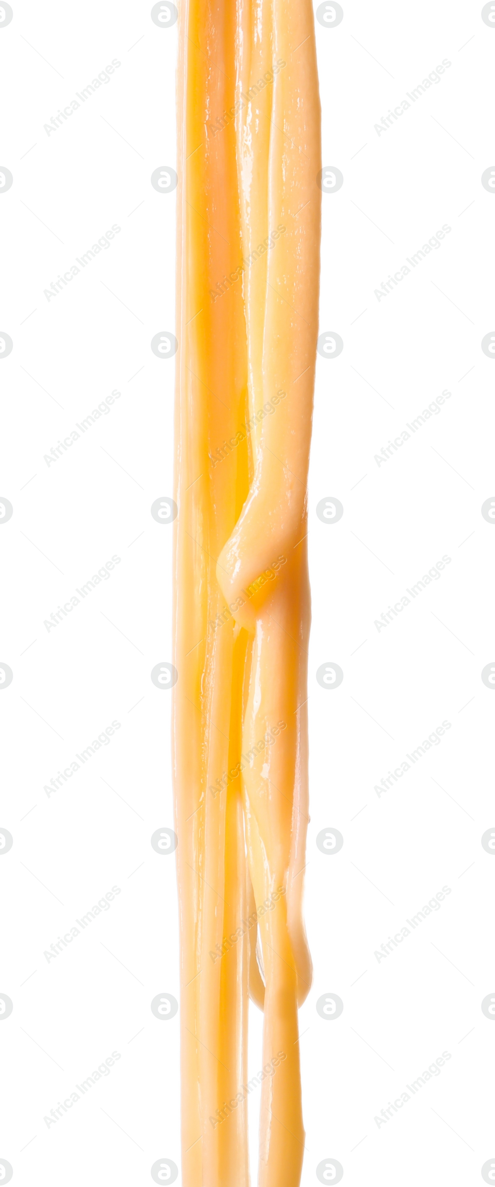 Photo of Stretching delicious melted cheese isolated on white