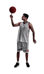 Image of Silhouette of basketball player spinning ball on finger against white background