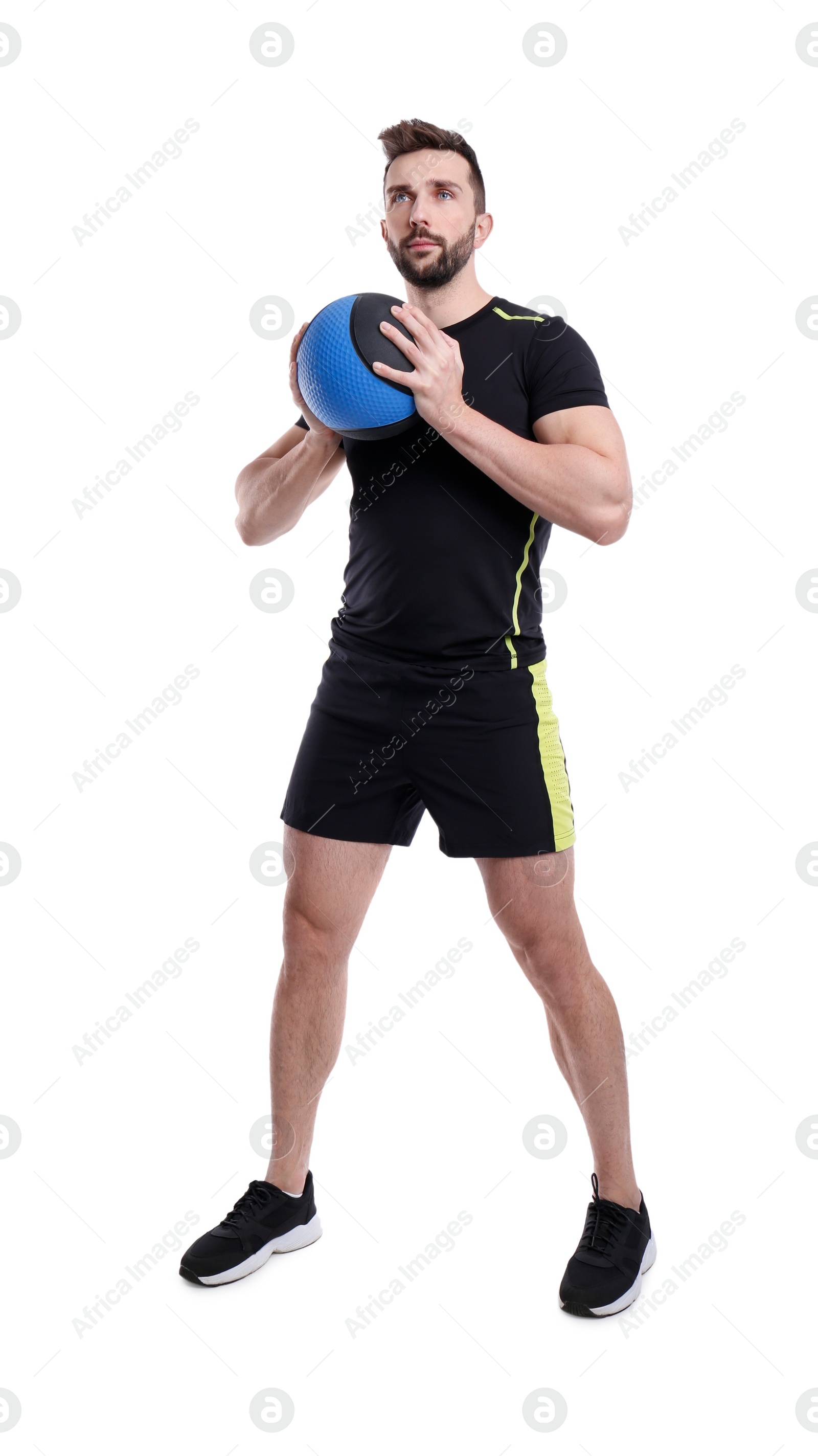 Photo of Athletic man doing exercise with medicine ball isolated on white