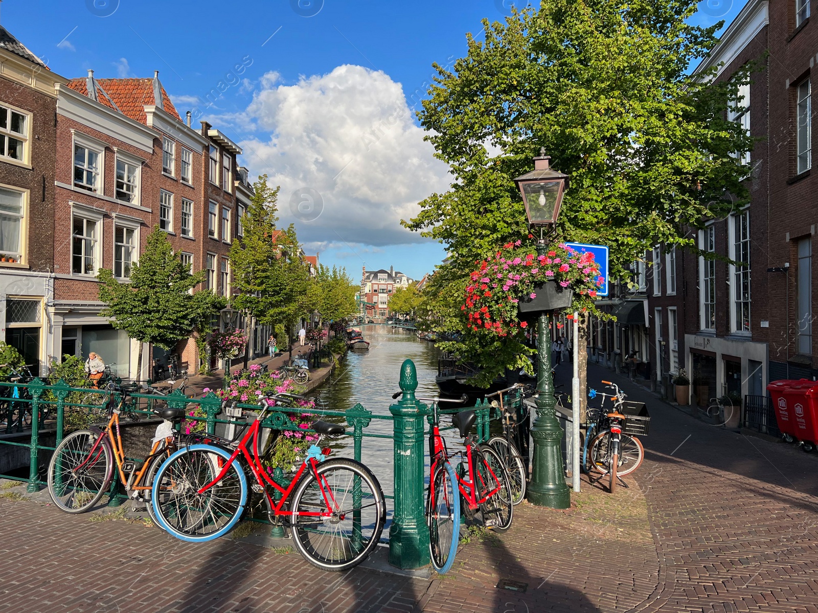 Photo of View of bicycles and beautiful plants near canal on city street