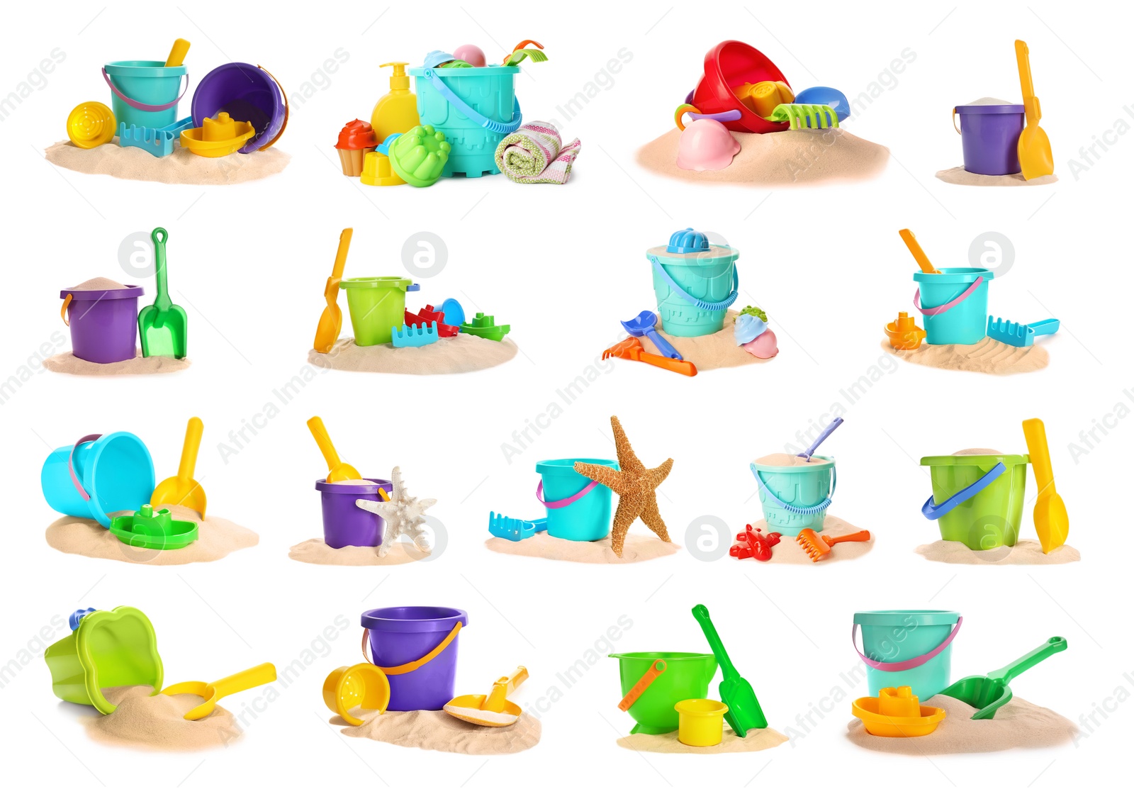 Image of Set of different plastic beach toys on white background 