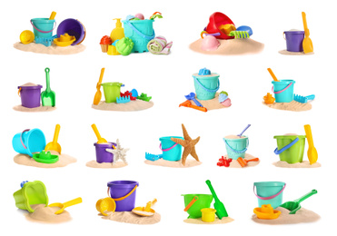 Image of Set of different plastic beach toys on white background 