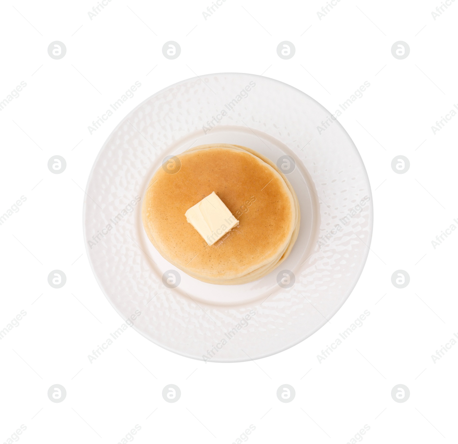 Photo of Delicious pancakes with butter isolated on white, top view