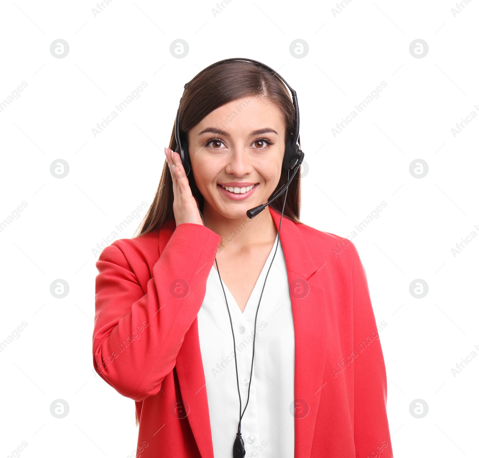 Photo of Young woman talking by phone through headset on white background