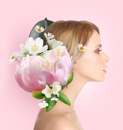 Image of Young woman with beautiful flowers and leaves on light pink background. Stylish creative collage design