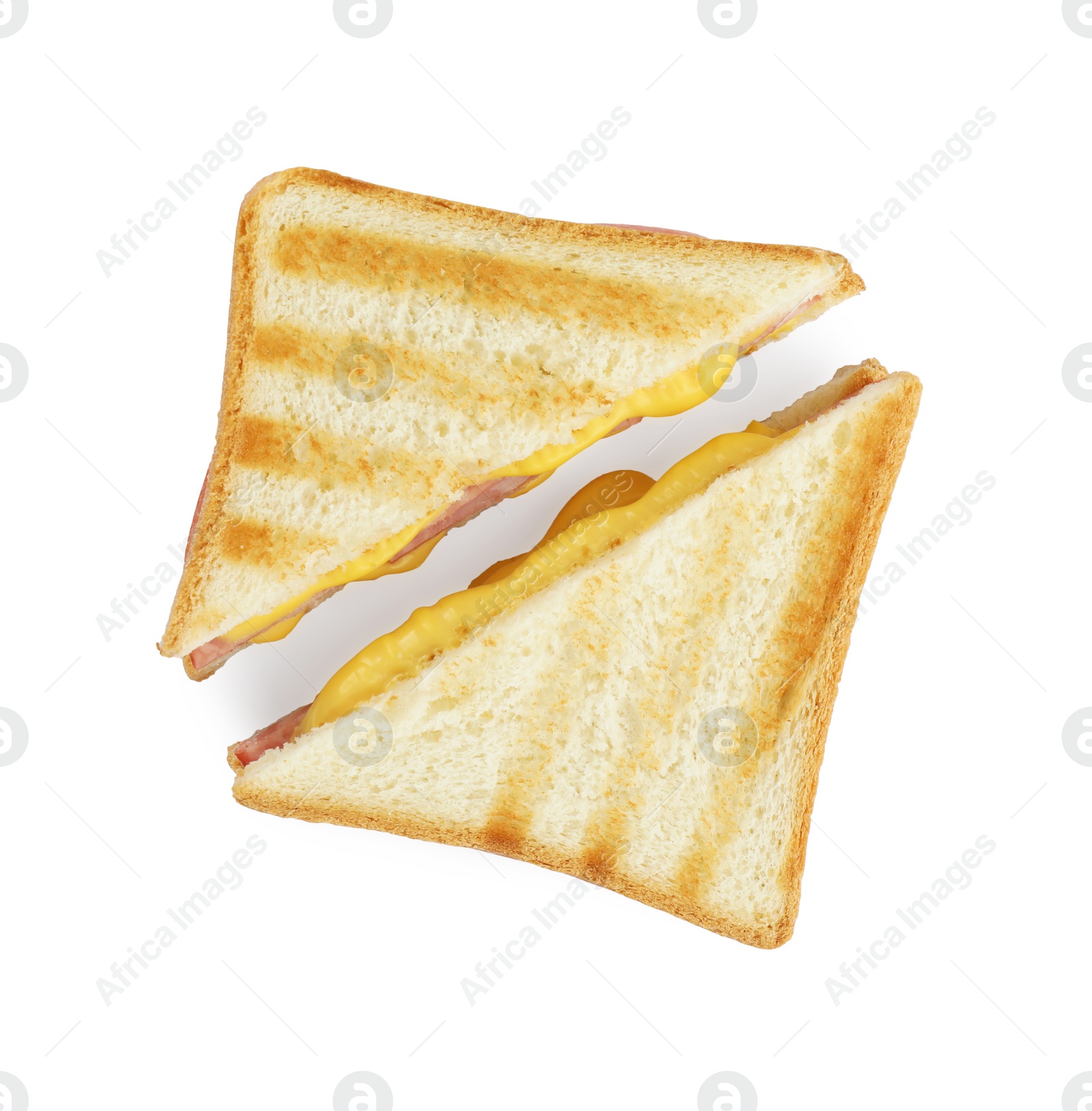 Photo of Tasty sandwiches with ham and melted cheese isolated on white, top view